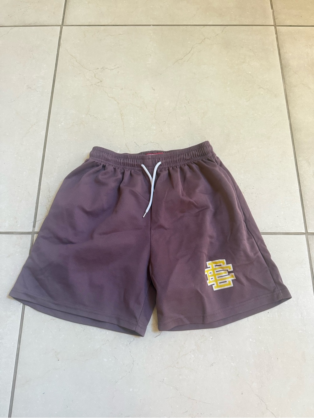 Eric Emanuel Maroon Athletic Shorts with Yellow Logo